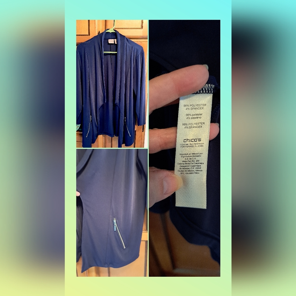 Ladies Chico's Cardigan Easy Wear Open Front With Zip Pockets Purple Size Lrg